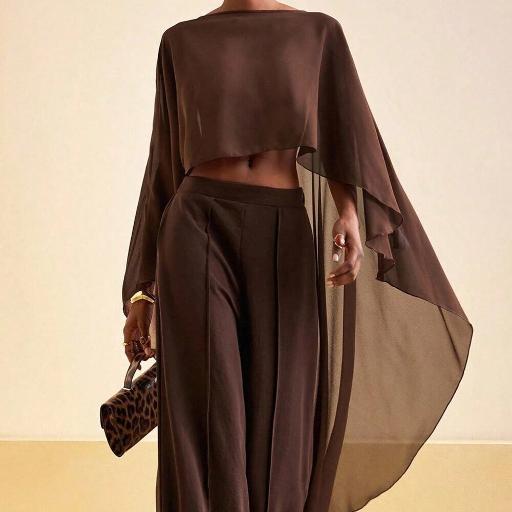 Coffee Brown Party Women's Transparent Chiffon Cape Top Neck Shawl Y2K Cover-Up